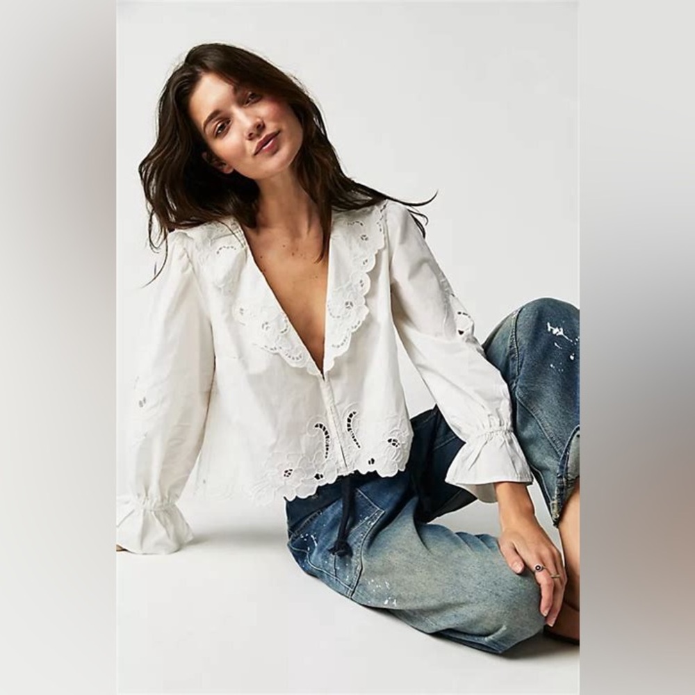 Free People Maisie Cutwork Long Sleeve Top sz L